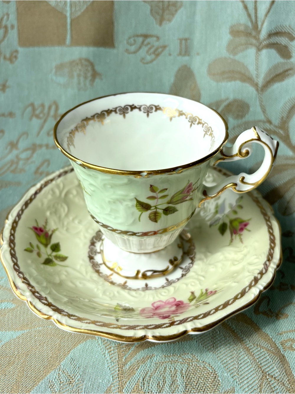 EB Foley vintage bone china Teacup & Saucer, Mint, White and Pink with Gold Trim